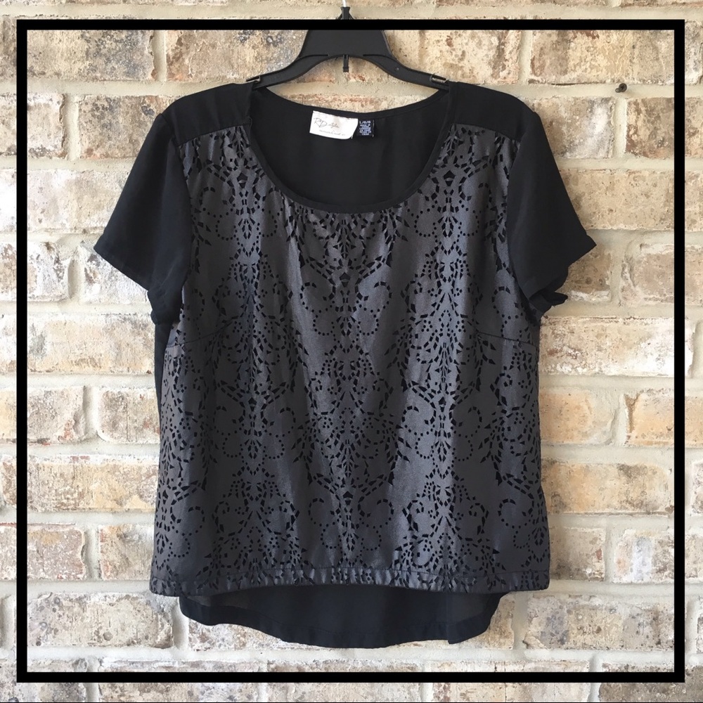 BLACK FAUX LEATHER TOP WITH SHEER BACK HI LO HEM